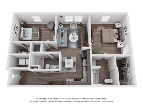 Floor plan for 2 beds, 2 baths, 951 sqft